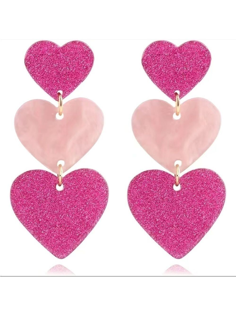 Pink Sparkle Geometric Heart Shape Dangle Pierced Earrings - Picture 4 of 4